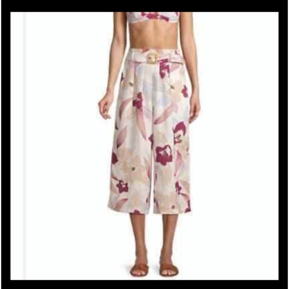 Revel‎ Rey Phoebe Leche Wide Leg Crop Pant Ecru Linen Multi Paper Bag Waist SZ S